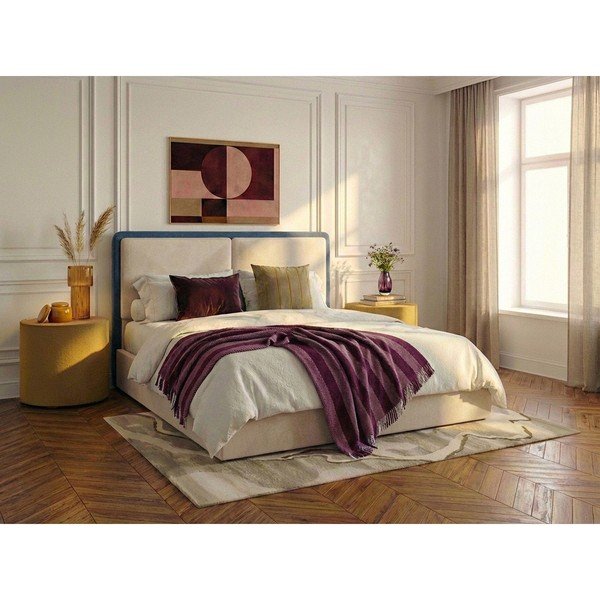 Pat matrimonial albastru/bej tapițat cu spațiu de depozitare cu somieră 180x200 cm Mara – Bobochic Paris-image-1