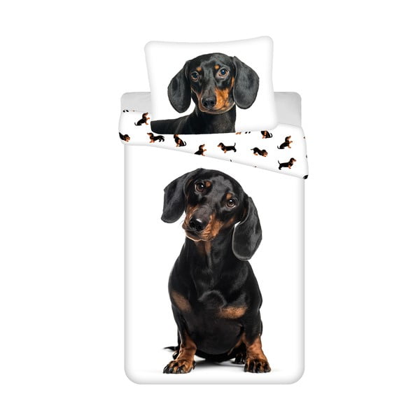 Lenjerie de pat pentru copii alb-negru din bumbac pentru pat de o persoană 140x200 cm Dachshund – Jerry Fabrics