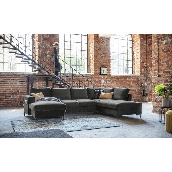 Canapea extensibilă din catifea în formă de „U” cu șezlong pe partea dreaptă Miuform Lofty Lilly, gri închis-image-4