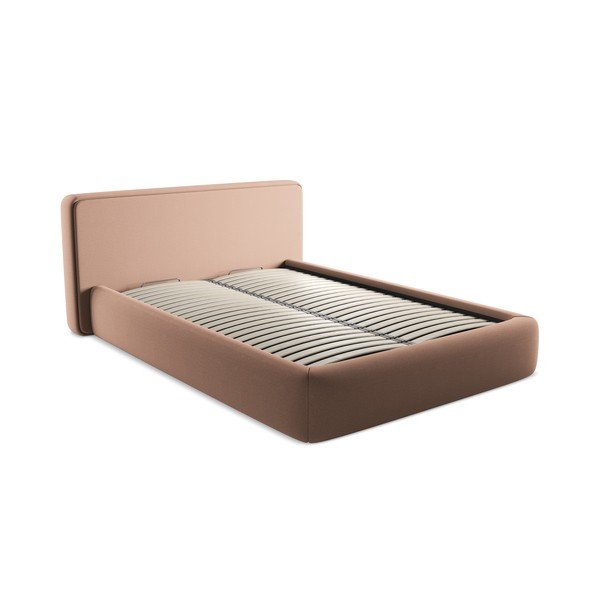 Pat matrimonial roz deschis tapițat cu spațiu de depozitare cu somieră 140x200 cm Kiana – Makamii
