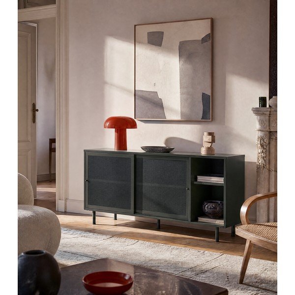 Comodă verde-închis joasă din metal cu ușă glisantă 160x75 cm Veep – Unique Furniture-image-1