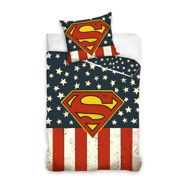 Lenjerie de pat din bumbac pentru copii CARBOTEX Superman Flag Logo, 160 x 200 cm