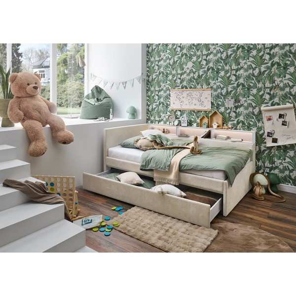 Pat pentru copii  bej pe colț cu spațiu de depozitare fără somieră 90x200 cm Uno – Meise Möbel-image-2