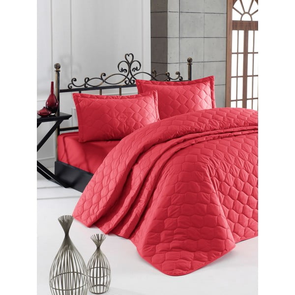 Cuvertură de pat cu 2 fețe de pernă din bumbac ranforce Mijolnir Fresh, 225 x 240 cm, roșu