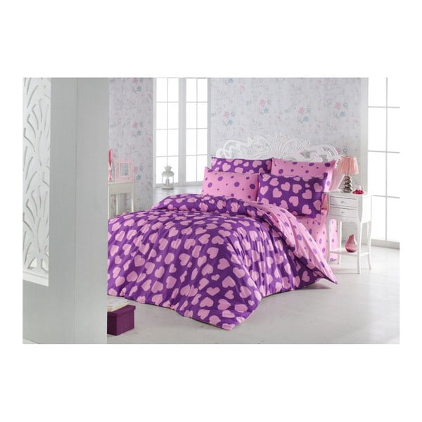 Lenjerie și cearșaf din amestec de bumbac pentru pat dublu Pari Purple, 200 x 220 cm