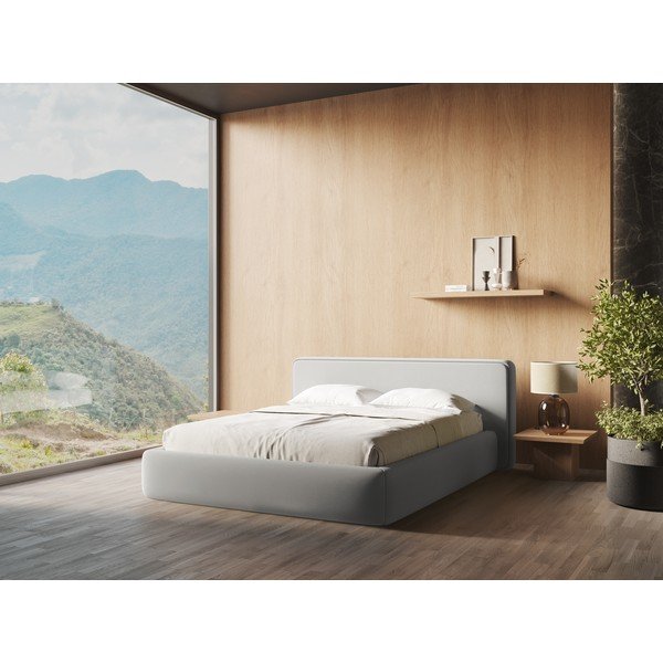 Pat matrimonial gri deschis tapițat cu spațiu de depozitare cu somieră 180x200 cm Kiana – Makamii-image-1
