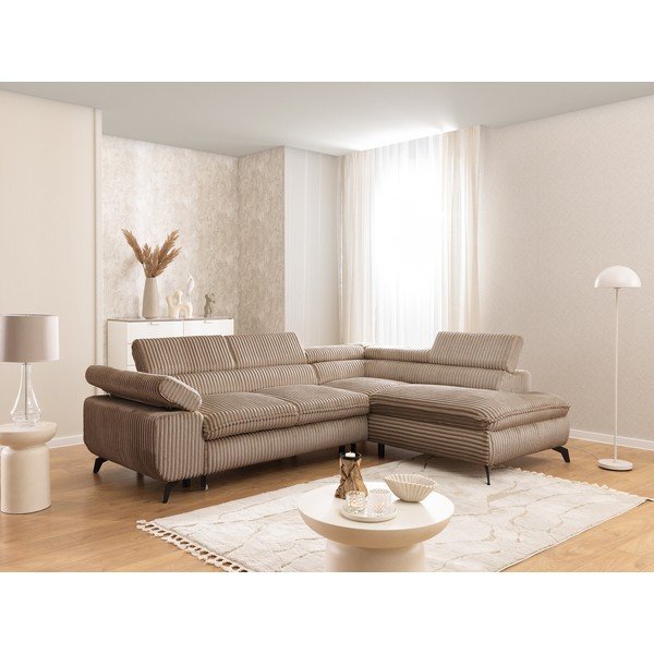 Colțar maro cu tapițerie din catifea reiată  (cu colț pe partea dreaptă/în formă de ”L”) Marbeya  – Ropez-image-1