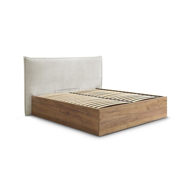 Pat matrimonial crem tapițat/din  placă aglomerată de lemn tapițat cu spațiu de depozitare cu somieră 180x200 cm Charlie – Bobochic Paris