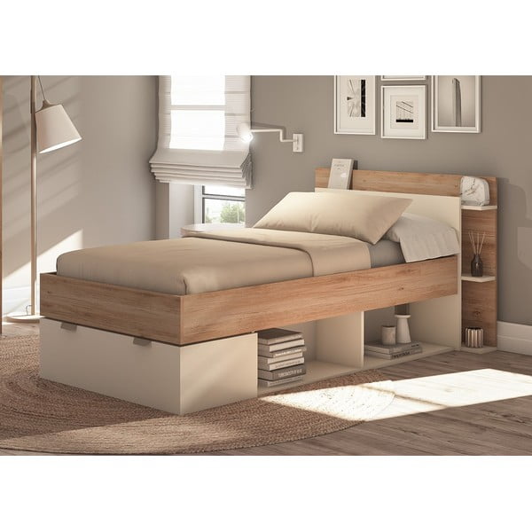 Pat alb/în culoare naturală cu aspect de lemn de stejar cu spațiu de depozitare fără somieră 90x200 cm Albo – Marckeric-image-1