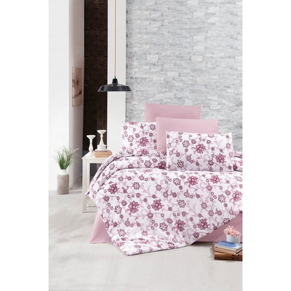 Lenjerie de pat cu cearșaf pentru pat dublu Pure Cotton Iris Pink, 200 x 220 cm