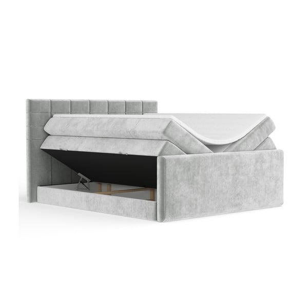 Pat boxspring gri deschis cu spațiu de depozitare 200x200 cm Ava – Maison de Rêve-image-2
