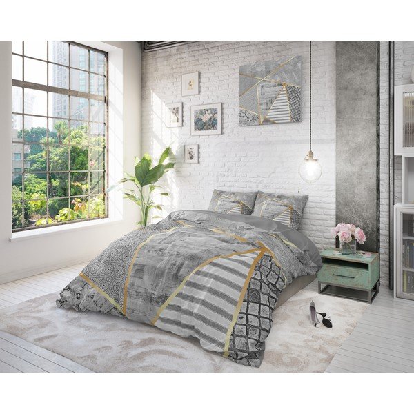 Lenjerie din bumbac pentru pat dublu Pure Cotton Graphic, 200 x 200/220 cm, gri-image-3