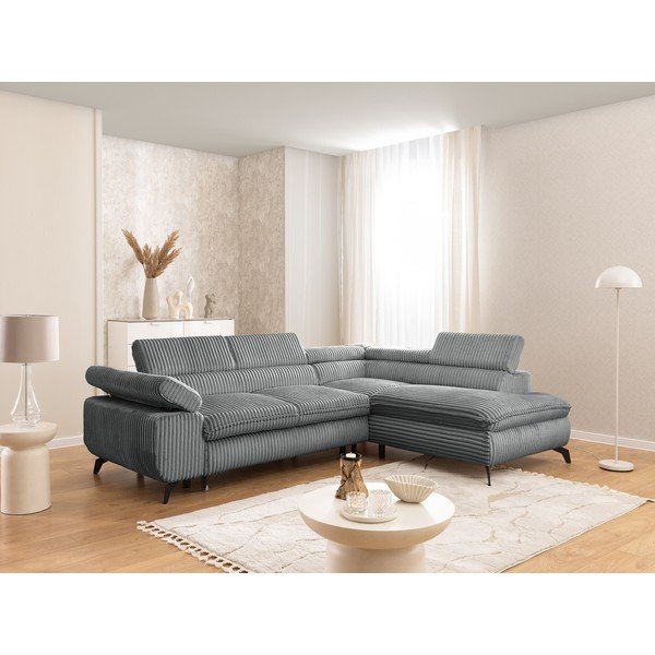 Colțar gri cu tapițerie din catifea reiată  (cu colț pe partea dreaptă/în formă de ”L”) Marbeya  – Ropez-image-1