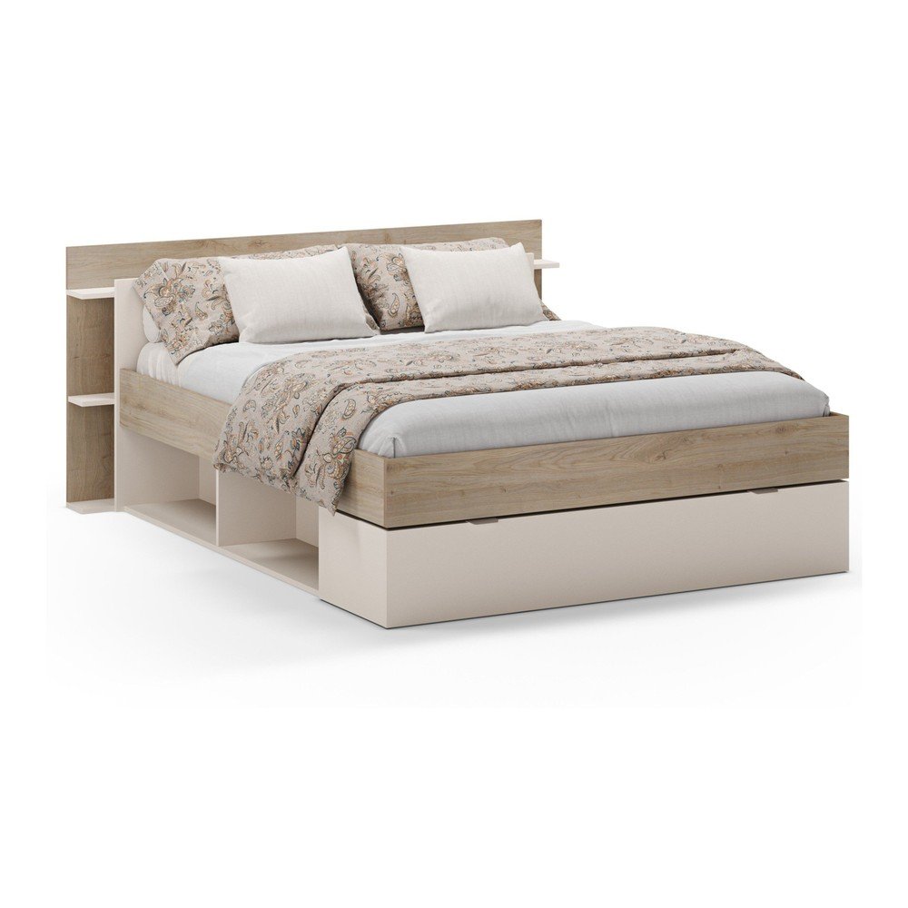 Pat matrimonial alb/în culoare naturală cu aspect de lemn de stejar cu spațiu de depozitare fără somieră 160x200 cm Albo – Marckeric