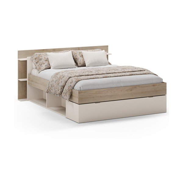 Pat matrimonial alb/în culoare naturală cu aspect de lemn de stejar cu spațiu de depozitare fără somieră 160x200 cm Albo – Marckeric