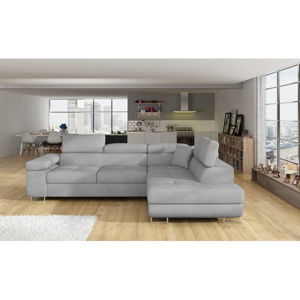 Colțar gri deschis extensibil/cu spațiu de depozitare cu tapițerie din catifea (cu colț pe partea dreaptă/în formă de ”L”) Anton – ELTAP-image-1