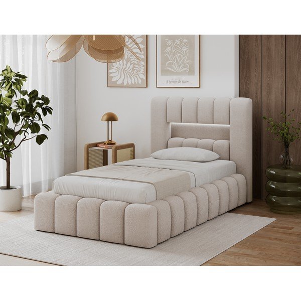 Pat bej tapițat cu spațiu de depozitare cu somieră 90x200 cm Lamica – ELTAP-image-1