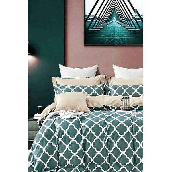 Lenjerie de pat verde/bej din bumbac pentru pat dublu/extinsă cu cearceaf inclus/cu 4 piese 200x220 cm Geometric – Mila Home