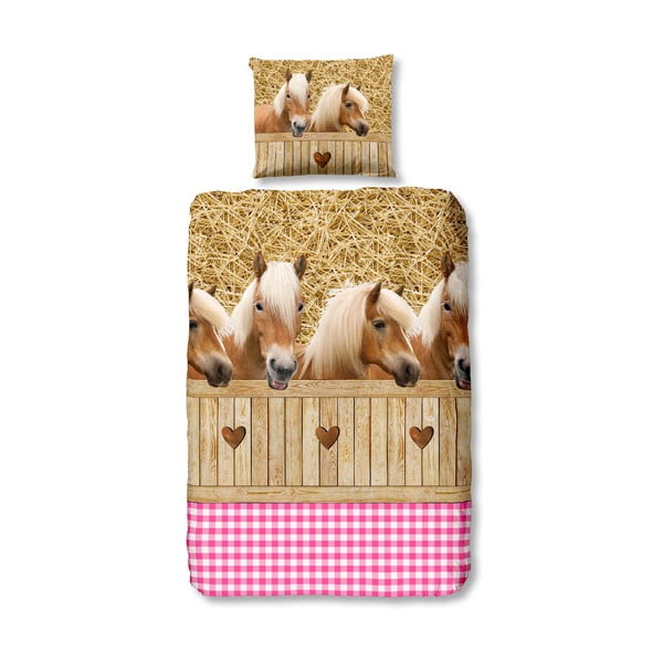 Lenjerie de pat din bumbac pentru copii Good Morning Horses, 140 x 200 cm, roz