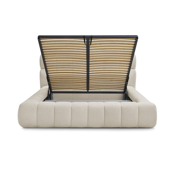 Pat matrimonial bej tapițat cu spațiu de depozitare cu somieră 180x200 cm Mont Blanc – Bobochic Paris-image-3