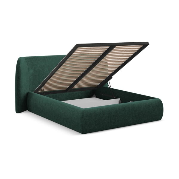 Pat matrimonial verde închis tapițat cu spațiu de depozitare cu somieră 180x200 cm Hauke – Makamii-image-2