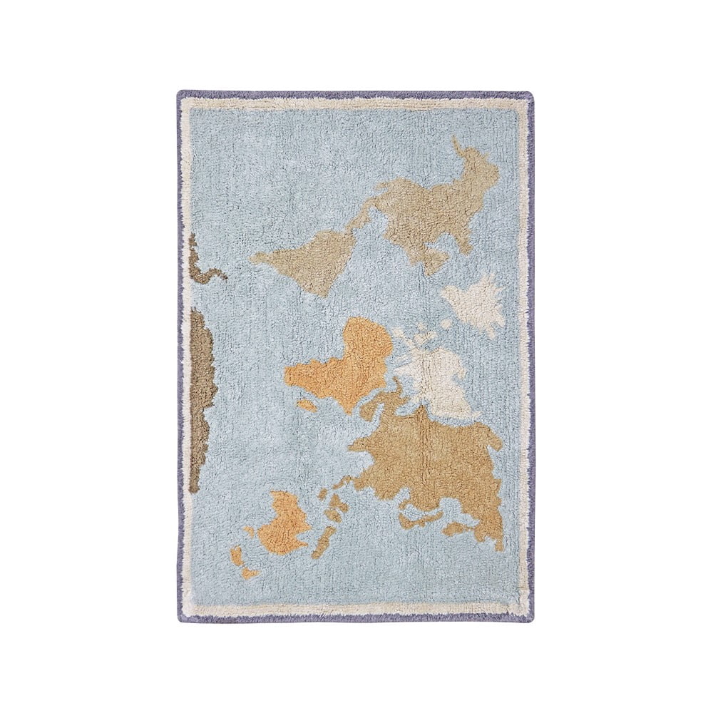 Covor de joacă pentru copii albastru-bej, lavabil, țesut manual din bumbac 70x100 cm Mini Worldmap – Lorena Canals