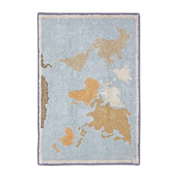 Covor de joacă pentru copii albastru-bej, lavabil, țesut manual din bumbac 70x100 cm Mini Worldmap – Lorena Canals