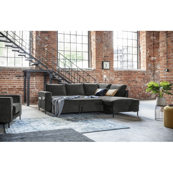 Colțar gri închis extensibil cu tapițerie din catifea (cu colț pe partea dreaptă) Lofty Lilly – Miuform-image-1
