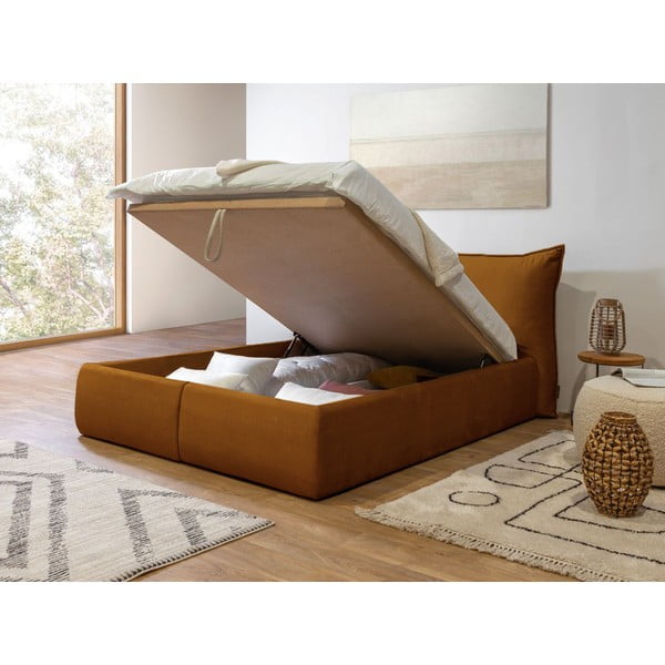 Pat matrimonial 160x200 cm galben ocru tapițat cu spațiu de depozitare cu somieră Jade – Bobochic Paris-image-4