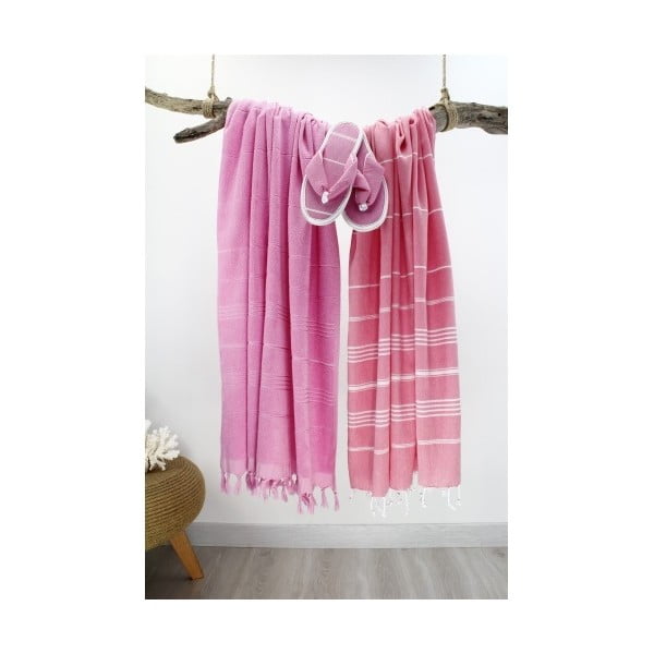 Set 2 prosoape și șlapi Hammam Classic Style, roz