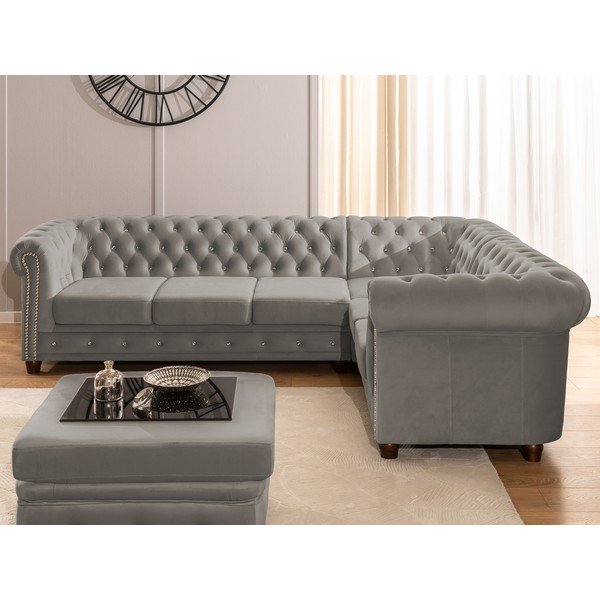 Colțar gri extensibil cu tapițerie din catifea (cu colț pe partea dreaptă/în formă de ”L”) York Blik – Ropez-image-4