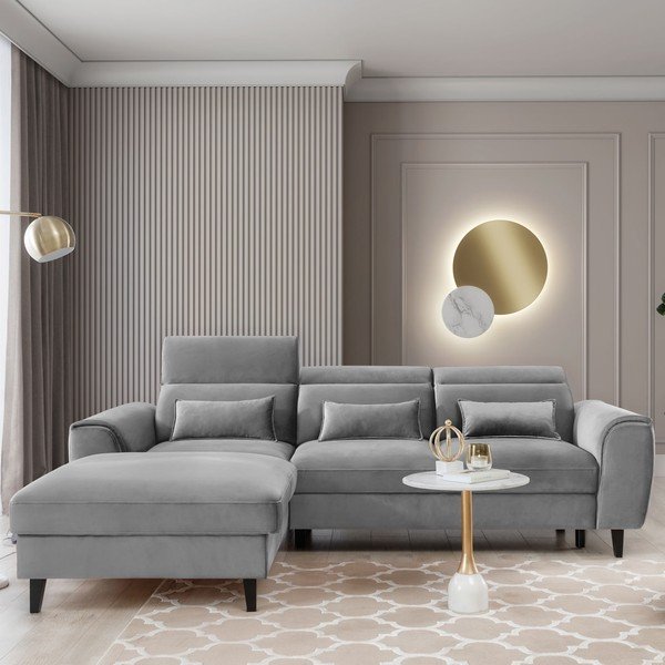 Colțar gri extensibil/cu spațiu de depozitare cu tapițerie din catifea (cu colț pe partea stângă/cu șezlong) Foble – ELTAP-image-1