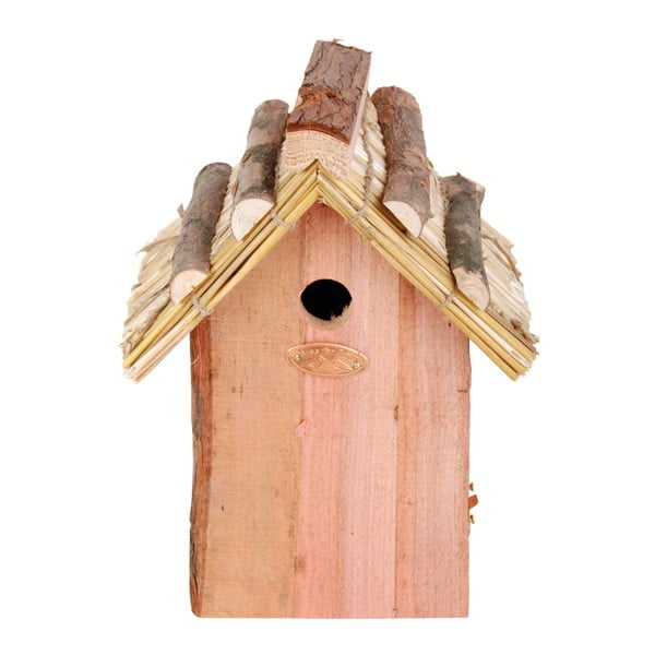 Căsuță din lemn de pin și acoperiș din paie pentru păsări Esschert Design Antik, înălțime 27 cm