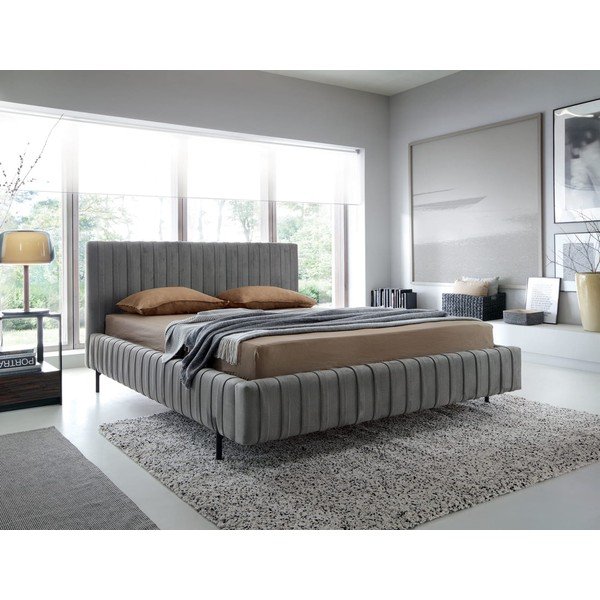 Pat matrimonial gri tapițat cu spațiu de depozitare cu somieră 160x200 cm Plissa – ELTAP-image-1