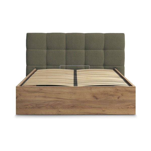 Pat matrimonial verde tapițat/din  placă aglomerată de lemn tapițat cu spațiu de depozitare cu somieră 160x200 cm Kumo – Bobochic Paris