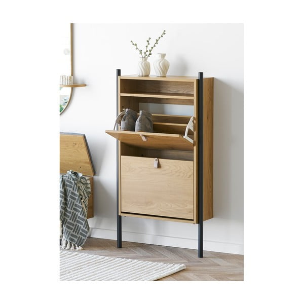 Pantofar în culoare naturală cu deschidere înclinată cu aspect de lemn de stejar 62x118x26 cm Barco – House Nordic-image-1