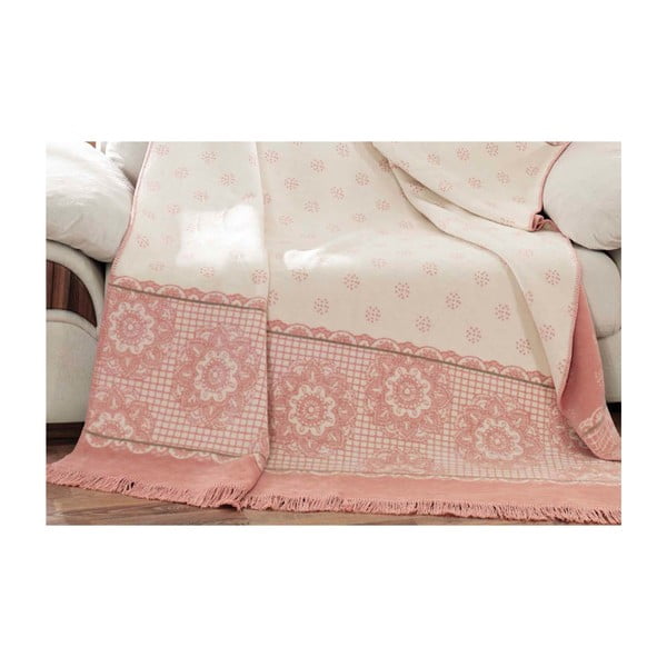 Pătură din bumbac Aksu Sweety, 200 x 150 cm, alb - roz