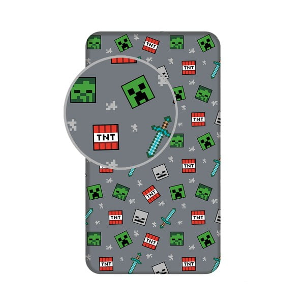 Cearceaf pentru copii gri din bumbac pentru pat de o persoană cu elastic 90x200 cm Minecraft "We got this" – Jerry Fabrics