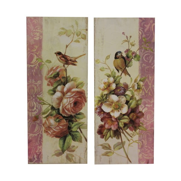 Set 2 tablouri Antic Line Roses and Birds, 64 x 26 cm