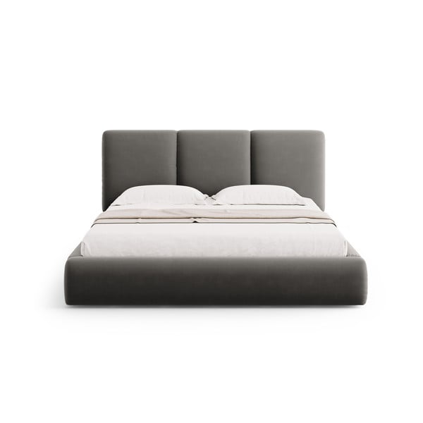 Pat matrimonial gri tapițat din catifea cu spațiu de depozitare cu somieră 160x200 cm Brody – Mazzini Beds-image-3