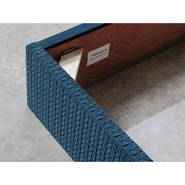 Pat matrimonial 160x200 cm albastru tapițat cu spațiu de depozitare cu somieră Adele – Bobochic Paris-image-4