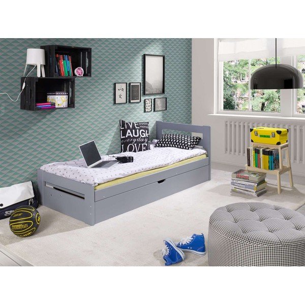 Pat din lemn de pin pentru copii gri cu spațiu de depozitare 80x180 cm Nela - Lano Meble-image-1