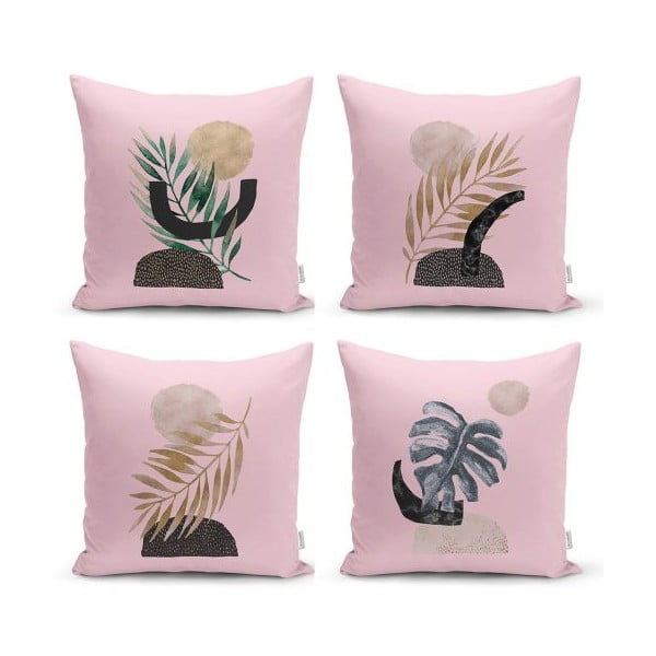 Set 4 fețe de pernă decorative Minimalist Cushion Covers Geometric Leaf Pink, 45 x 45 cm
