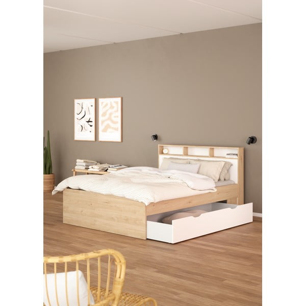 Pat matrimonial în culoare naturală cu aspect de lemn de stejar cu spațiu de depozitare fără somieră 160x200 cm Ikast – Tvilum-image-1