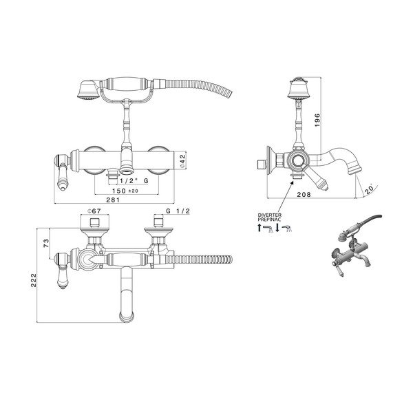 Baterie argintiu-lucios pentru cadă cu montare pe perete (2 ieșiri) Vienna – Sapho-image-1