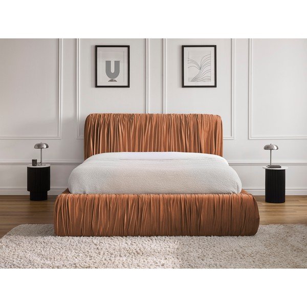 Pat matrimonial portocaliu tapițat cu spațiu de depozitare cu somieră 180x200 cm Blair – Bobochic Paris-image-1