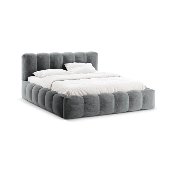 Pat matrimonial gri tapițat cu spațiu de depozitare cu somieră 160x200 cm Lupine – Micadoni Home-image-3