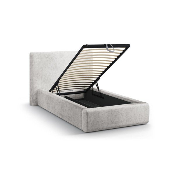 Pat gri deschis tapițat cu spațiu de depozitare cu somieră 90x200 cm Amy – Micadoni -image-1