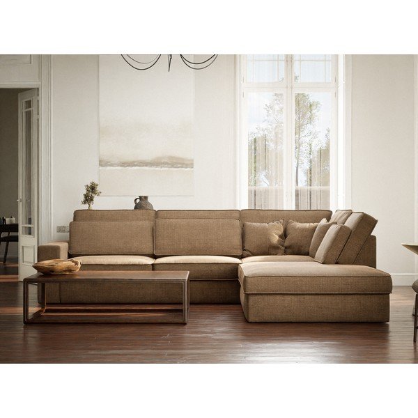 Colțar maro deschis cu tapițerie din chenille (cu colț pe partea dreaptă/în formă de ”L”) Kirou – Maison de Rêve-image-4