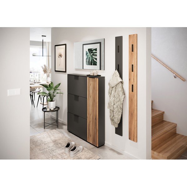 Pantofar gri antracit/în culoare naturală cu deschidere înclinată cu aspect de lemn de stejar 101x129x19 cm Gibisa – Germania-image-1